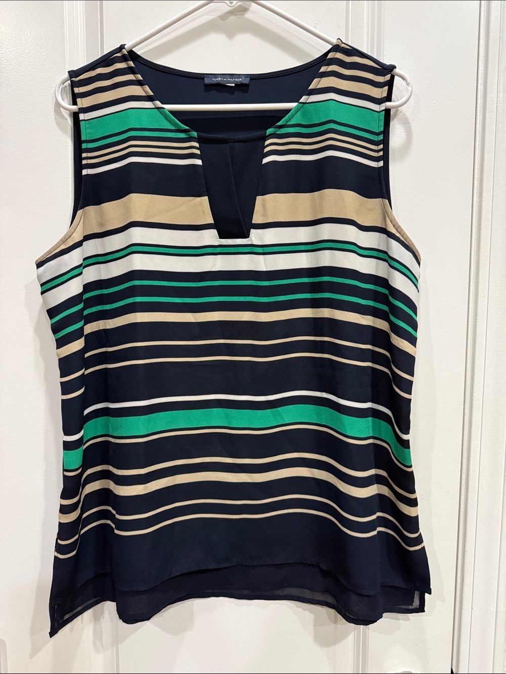 Tommy Hilfiger Navy Striped Sleeveless V-Notch Blouse with Green & Cream Bands